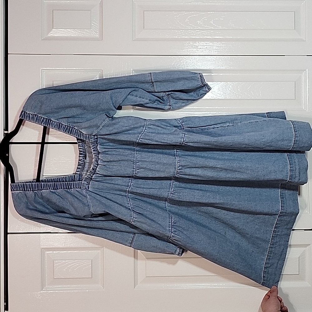 Free People Tiered Denim Babydoll Dress SZ L EUC Pockets